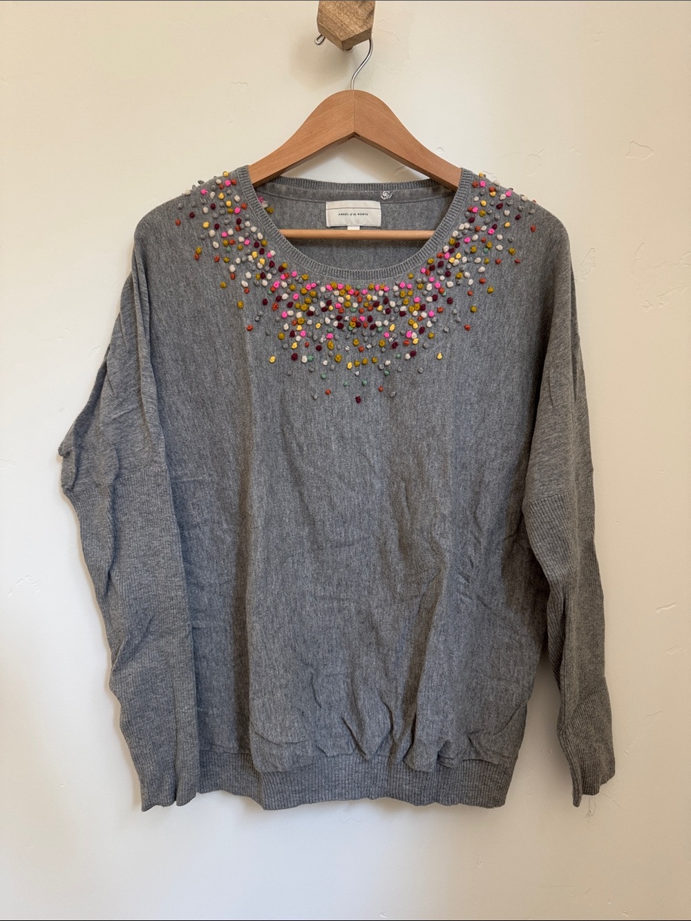 Embellished Gray Crewneck Sweater with Multicolor Embroidery